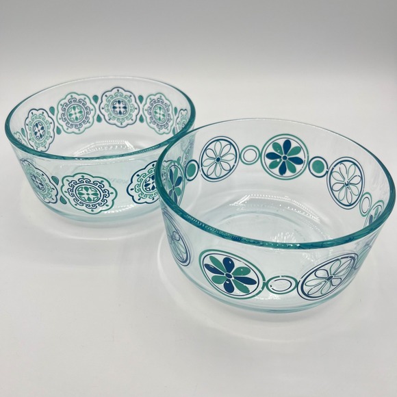 Vintage Pyrex Clear Glass Bowls Pinwheel Teal Floral Design Kitchen Decor Set - Picture 1 of 11